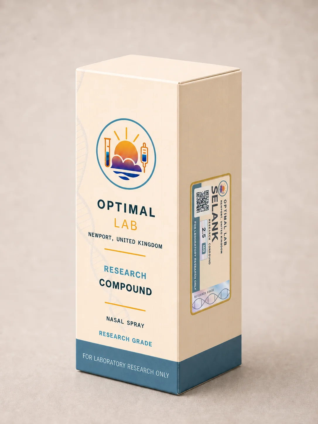 Cream nasal spray carton of Selank, 2.5mg sample, with Optimal Lab portrait label