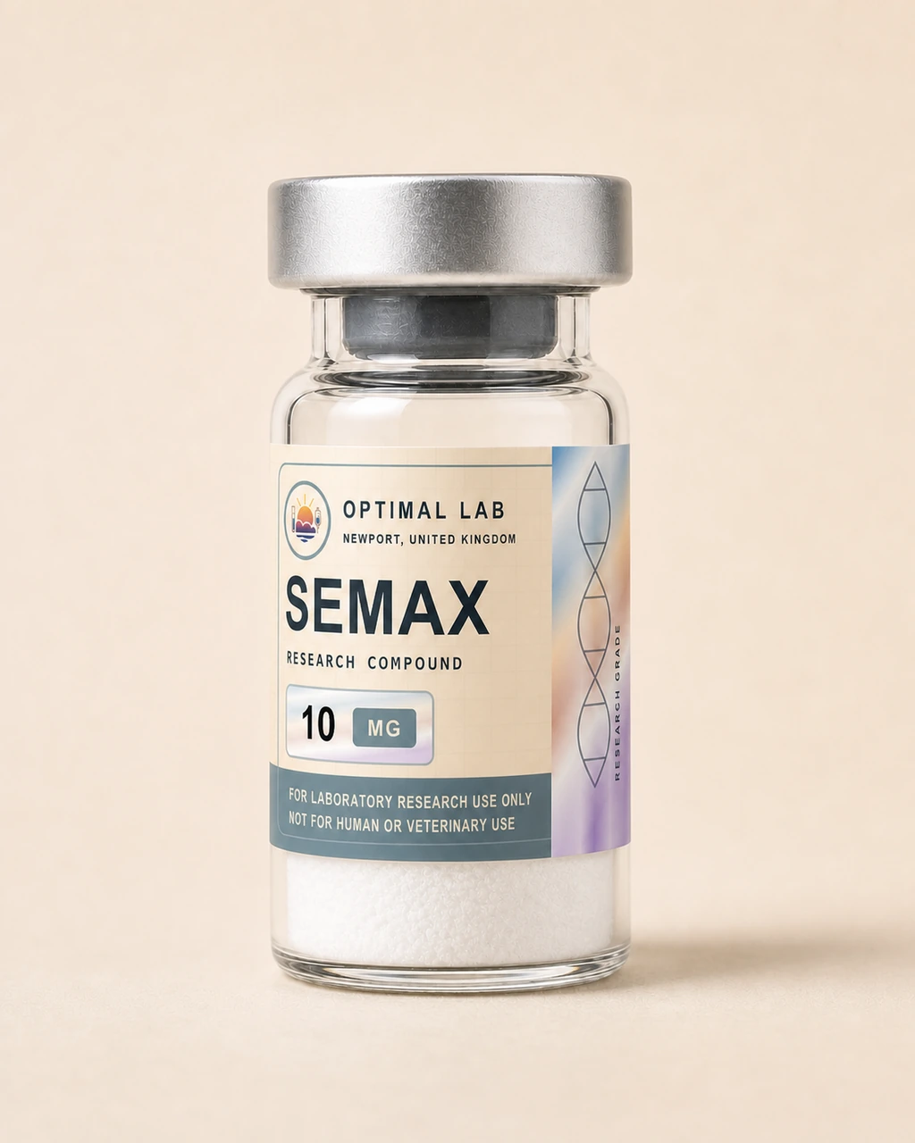Amber-glass lyophilised vial of Semax with white flip-cap and Optimal Lab cream-stripe label