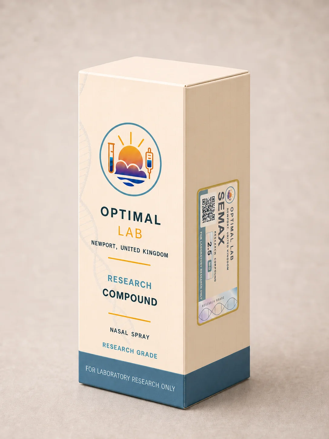 Cream nasal spray carton of Semax, 2.5mg sample, with Optimal Lab portrait label