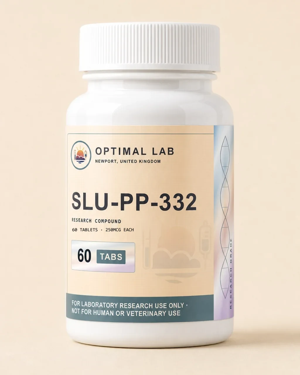 Amber-glass tablet bottle of SLU-PP-332, 60 × 250mcg oral research tablets, with Optimal Lab cream-stripe label