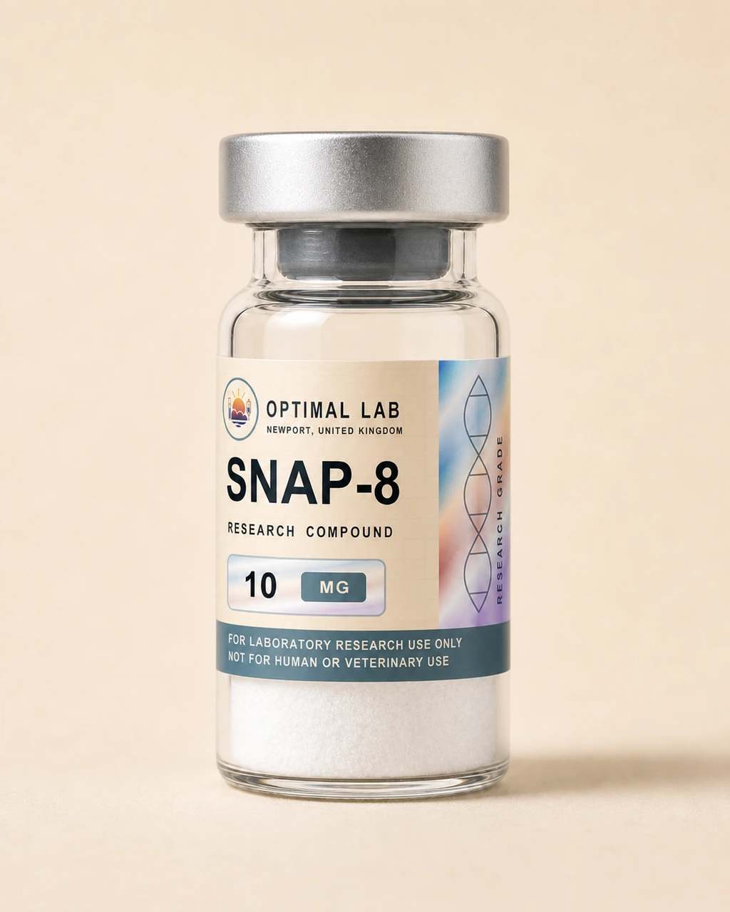 Amber-glass lyophilised vial of SNAP-8 with white flip-cap and Optimal Lab cream-stripe label