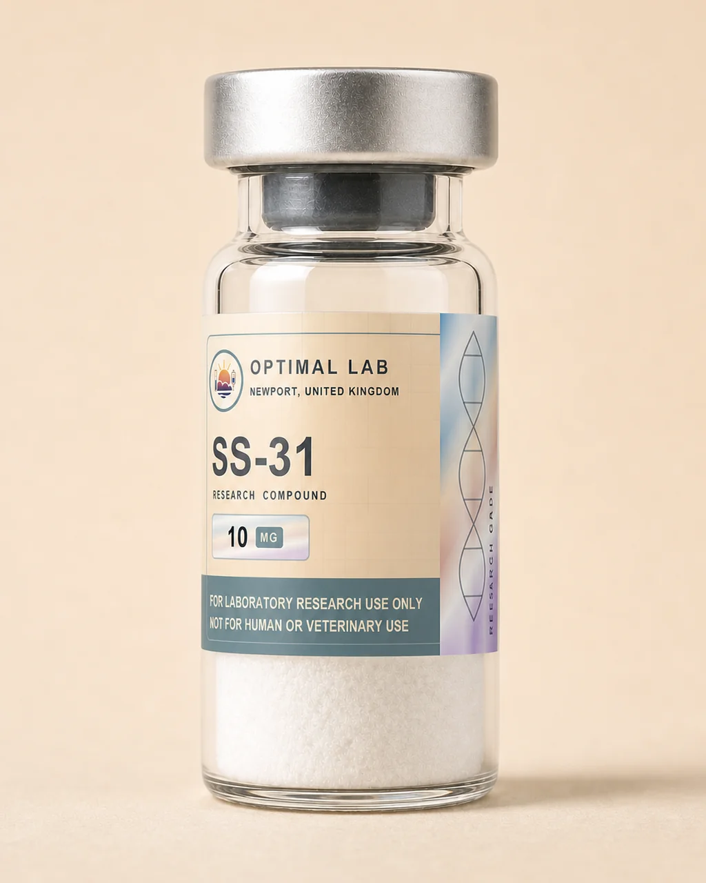 Amber-glass lyophilised vial of SS-31 (Elamipretide) with white flip-cap and Optimal Lab cream-stripe label