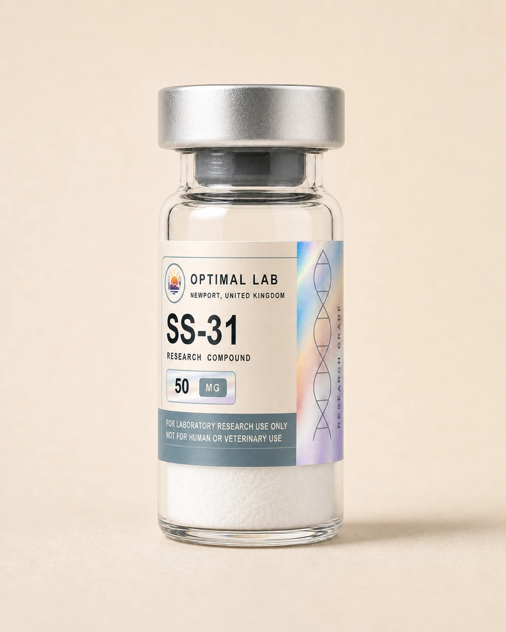 Amber-glass lyophilised vial of SS-31 (Elamipretide), 50mg, with white flip-cap and Optimal Lab cream-stripe label
