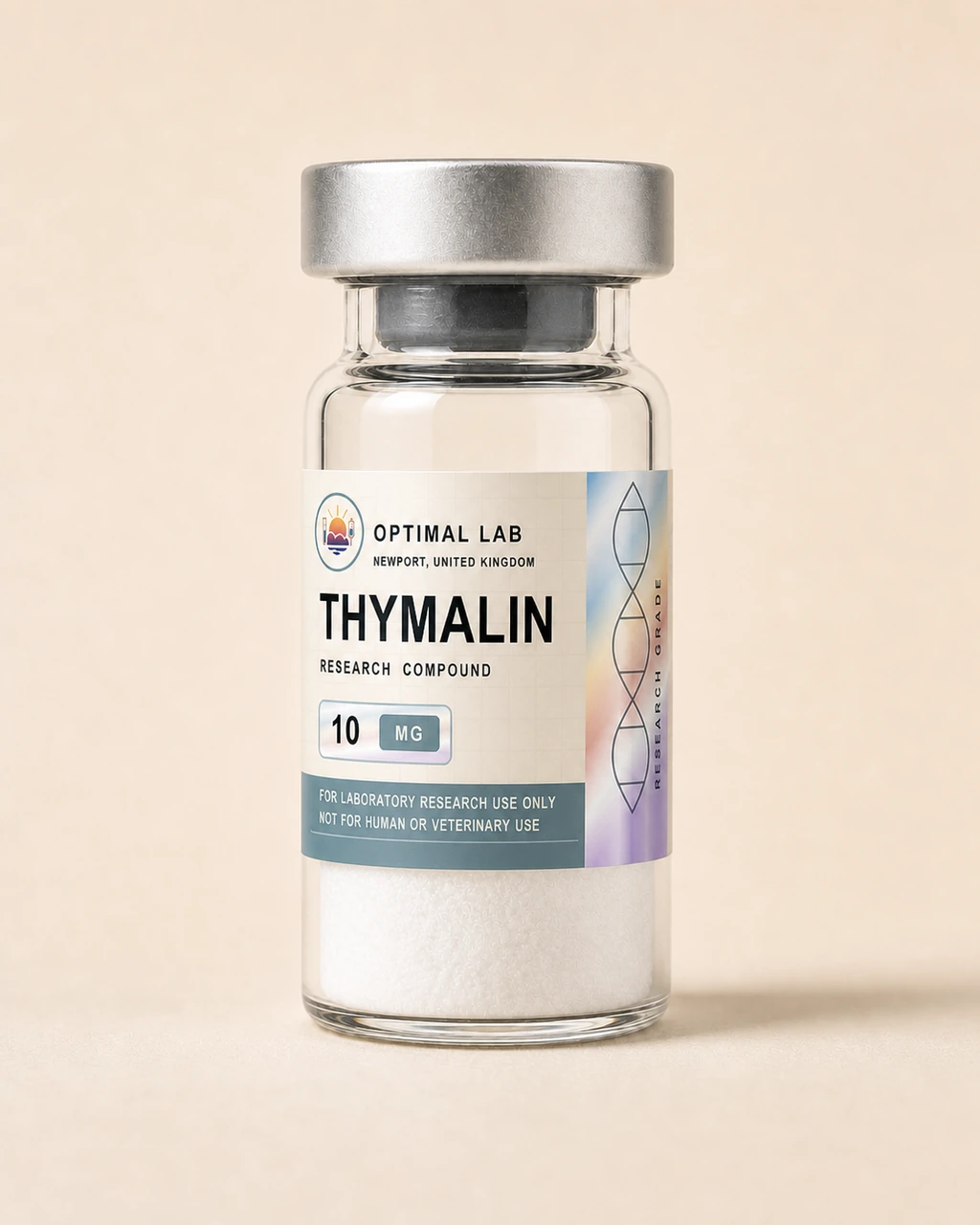Amber-glass lyophilised vial of Thymalin with white flip-cap and Optimal Lab cream-stripe label
