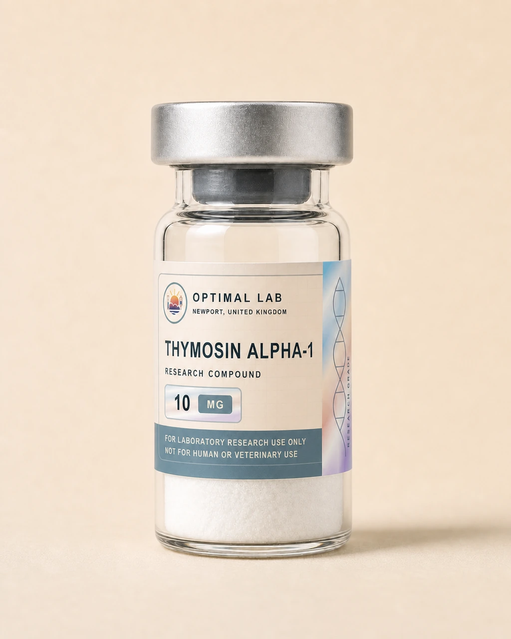Amber-glass lyophilised vial of Thymosin Alpha-1 with white flip-cap and Optimal Lab cream-stripe label