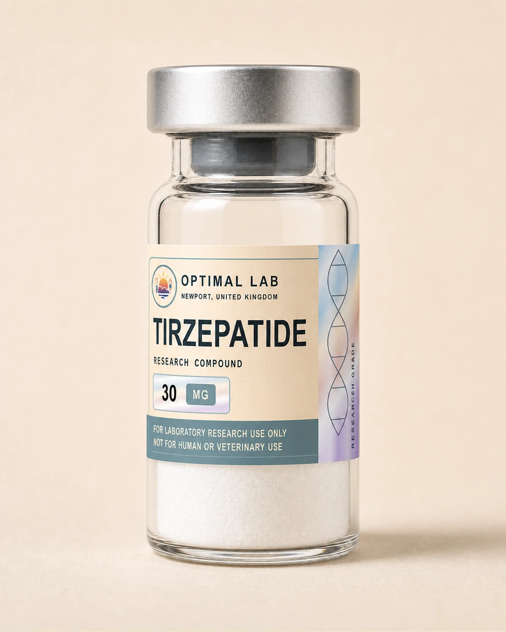 Amber-glass lyophilised vial of Tirzepatide with white flip-cap and Optimal Lab cream-stripe label
